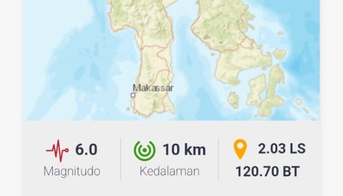 Gempa M 6,0 Guncang Wilayah Barat Daya Poso, Terasa hingga Luwu Raya