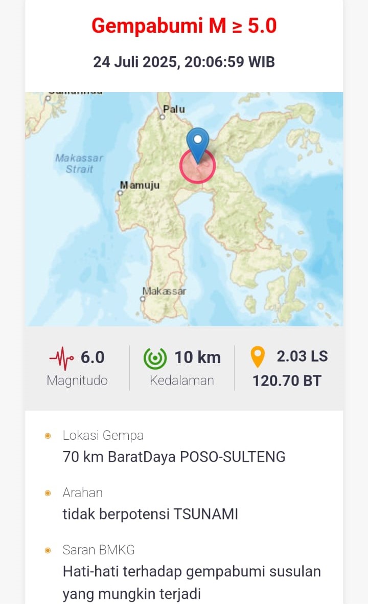 Gempa M 6,0 Guncang Wilayah Barat Daya Poso, Terasa hingga Luwu Raya