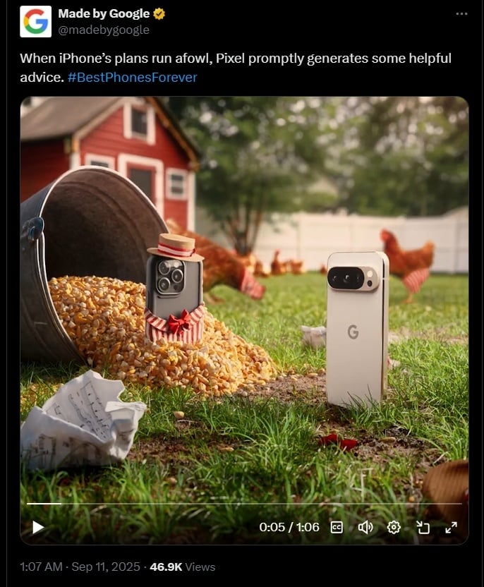 Google Balas Rilis iPhone 17 dengan Iklan Nyeleneh Pixel 10 Pro