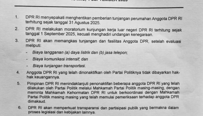 DPR Umumkan 6 Keputusan Baru sebagai Jawaban atas Tuntutan 17+8