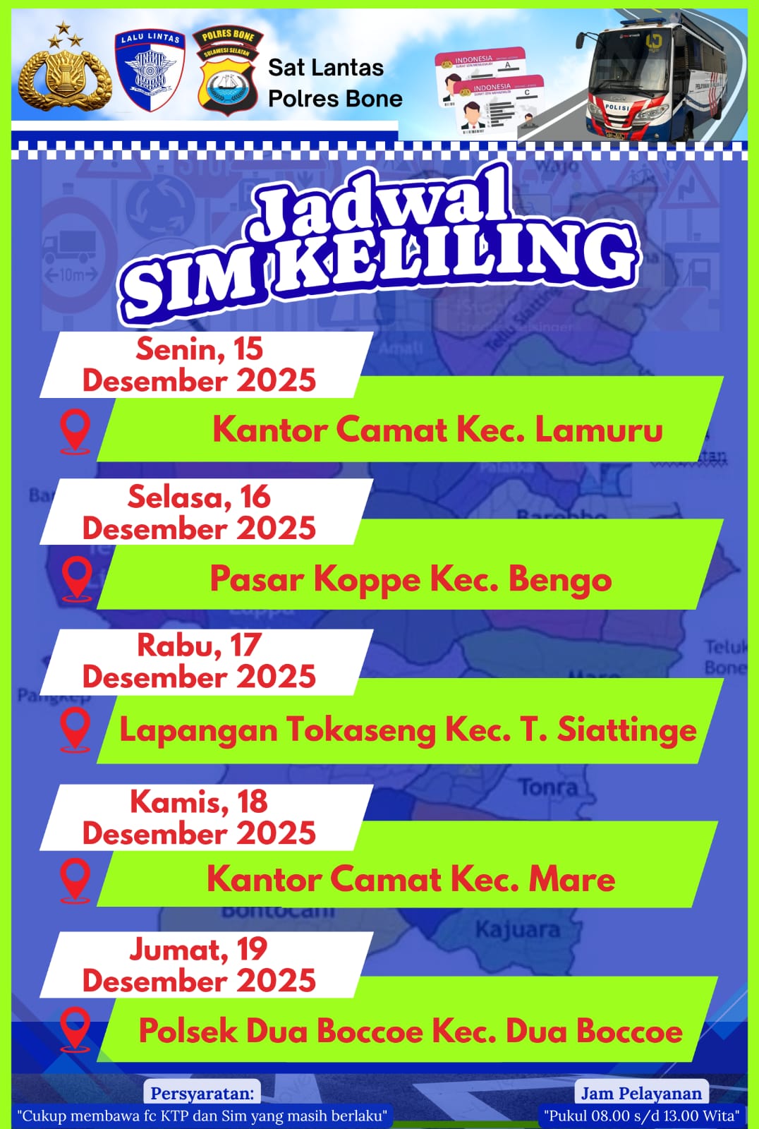 Catat Jadwalnya! Satlantas Polres Bone Gelar SIM Keliling di 5 Kecamatan Pekan Depan