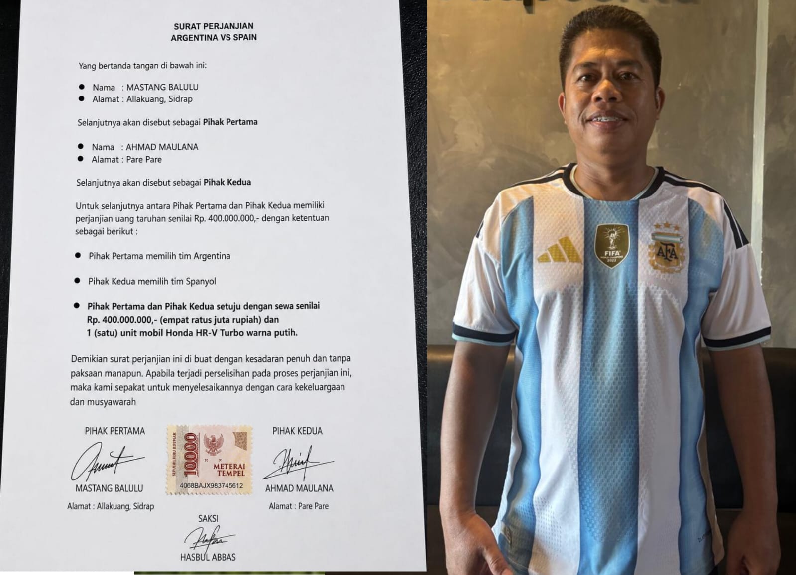 Viral Surat Perjanjian Nobar Argentina vs Spanyol, Mastang Balulu Beri Klarifikasi