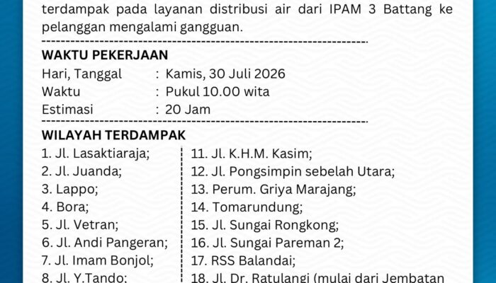 Distribusi Air Perumda TM Terganggu Mulai Kamis Pagi, Ini Wilayah Terdampak