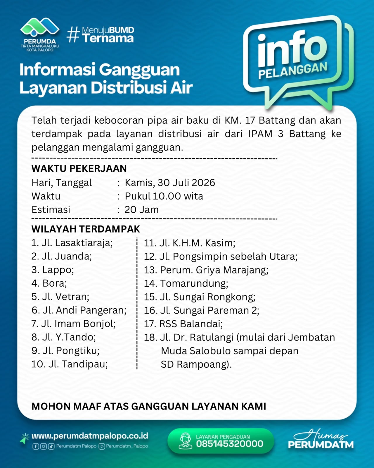Distribusi Air Perumda TM Terganggu Mulai Kamis Pagi, Ini Wilayah Terdampak