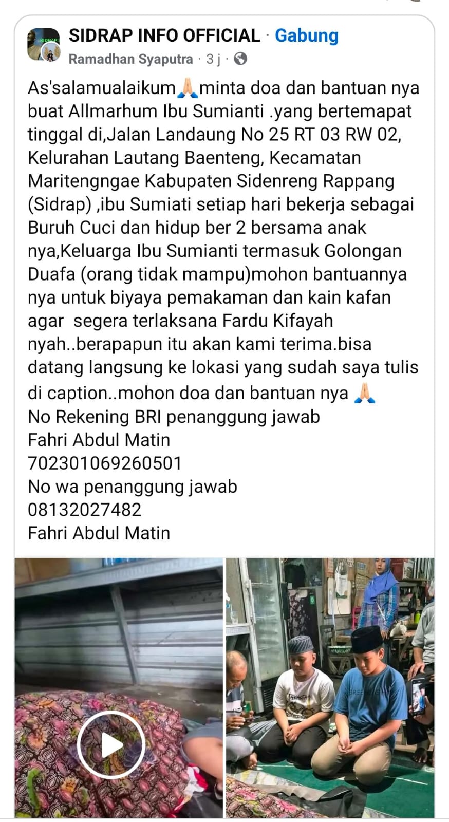 Viral Permintaan Donasi Kematian di Facebook, Camat Maritengngae: Alamat Fiktif