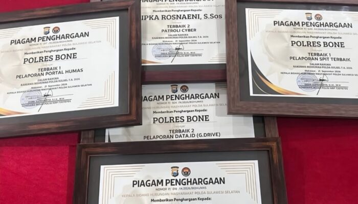 Polres Bone Raih Lima Penghargaan Kehumasan dari Polda Sulsel